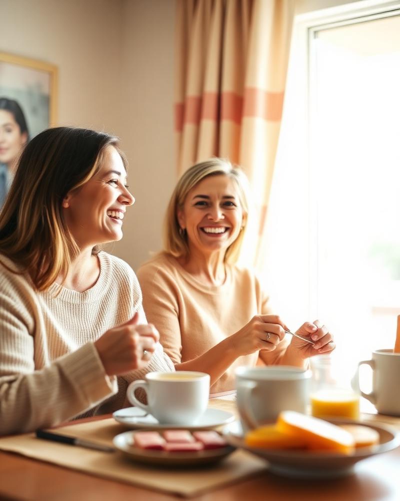 Familia desayunando y riendo